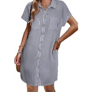 image:imageZeagoo Summer Dresses for Women 2026 Cotton Button Down Short Sleeve Tshirt Dresses Casual Mini Beach DressDark Bluewhite Stripe