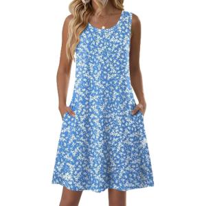 image:imageZeagoo Summer Dresses for Women 2026 Sleeveless Casual Floral Tshirt Sundress with Pockets Loose Tank Beach Dress02blue Floral