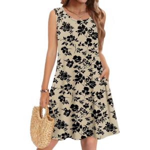 image:imageZeagoo Summer Dresses for Women 2026 Sleeveless Casual Floral Tshirt Sundress with Pockets Loose Tank Beach DressBeige Black Print