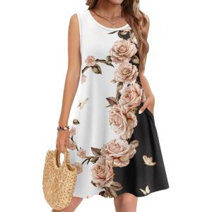 image:imageZeagoo Summer Dresses for Women 2026 Sleeveless Casual Floral Tshirt Sundress with Pockets Loose Tank Beach DressBlack White Pink Floral