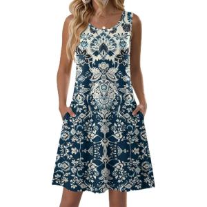 image:imageZeagoo Summer Dresses for Women 2026 Sleeveless Casual Floral Tshirt Sundress with Pockets Loose Tank Beach DressBlue Boho Print