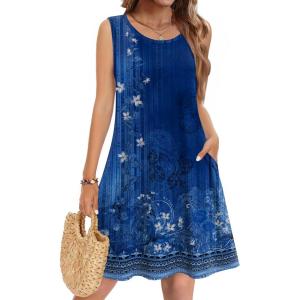 image:imageZeagoo Summer Dresses for Women 2026 Sleeveless Casual Floral Tshirt Sundress with Pockets Loose Tank Beach DressBlue Ethnic