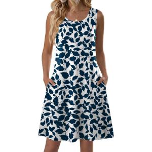 image:imageZeagoo Summer Dresses for Women 2026 Sleeveless Casual Floral Tshirt Sundress with Pockets Loose Tank Beach DressBlue Leaf Print