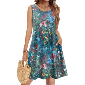image:imageZeagoo Summer Dresses for Women 2026 Sleeveless Casual Floral Tshirt Sundress with Pockets Loose Tank Beach DressColorful