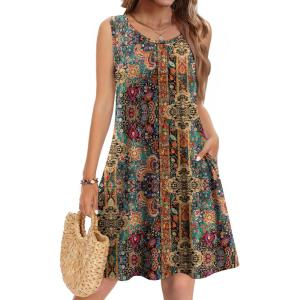 image:imageZeagoo Summer Dresses for Women 2026 Sleeveless Casual Floral Tshirt Sundress with Pockets Loose Tank Beach DressEthnic Print