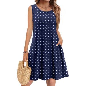 image:imageZeagoo Summer Dresses for Women 2026 Sleeveless Casual Floral Tshirt Sundress with Pockets Loose Tank Beach DressNavy Round Dot