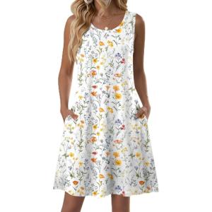 image:imageZeagoo Summer Dresses for Women 2026 Sleeveless Casual Floral Tshirt Sundress with Pockets Loose Tank Beach DressWhite Floral