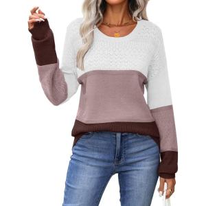 image:imageZeagoo Sweaters for Women Long Sleeve Tops Soft Knit Crew Neck Pullover Sweater Lightweight Crochet 2026 Fall OutfitsA Colorblock 284