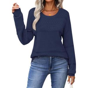 image:imageZeagoo Sweaters for Women Long Sleeve Tops Soft Knit Crew Neck Pullover Sweater Lightweight Crochet 2026 Fall OutfitsA Dark Blue