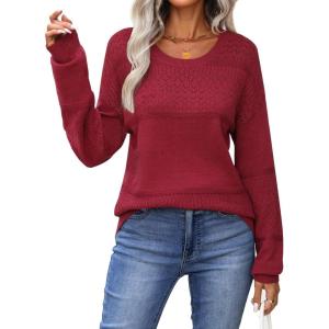 image:imageZeagoo Sweaters for Women Long Sleeve Tops Soft Knit Crew Neck Pullover Sweater Lightweight Crochet 2026 Fall OutfitsA Wine Red