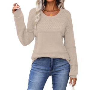 image:imageZeagoo Sweaters for Women Long Sleeve Tops Soft Knit Crew Neck Pullover Sweater Lightweight Crochet 2026 Fall OutfitsApricot