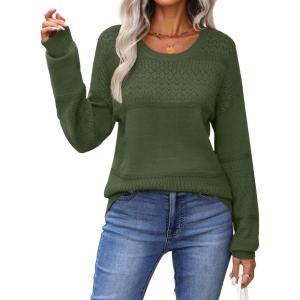 image:imageZeagoo Sweaters for Women Long Sleeve Tops Soft Knit Crew Neck Pullover Sweater Lightweight Crochet 2026 Fall OutfitsArmy Green