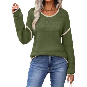 image:imageZeagoo Sweaters for Women Long Sleeve Tops Soft Knit Crew Neck Pullover Sweater Lightweight Crochet 2026 Fall OutfitsArmy Greenapricot