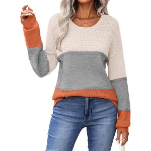 image:imageZeagoo Sweaters for Women Long Sleeve Tops Soft Knit Crew Neck Pullover Sweater Lightweight Crochet 2026 Fall OutfitsColorblock 278