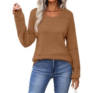image:imageZeagoo Sweaters for Women Long Sleeve Tops Soft Knit Crew Neck Pullover Sweater Lightweight Crochet 2026 Fall OutfitsLight Brown