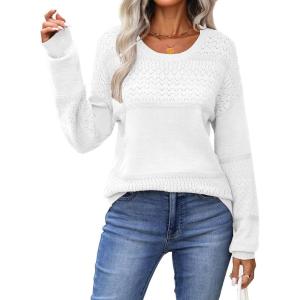 image:imageZeagoo Sweaters for Women Long Sleeve Tops Soft Knit Crew Neck Pullover Sweater Lightweight Crochet 2026 Fall OutfitsWhite