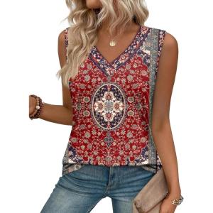 image:imageZeagoo Tank Top for Women V Neck Loose Fit Sleeveless Summer Tops Business Casual Outfits Dressy Blouses ShirtsFloral Red 870