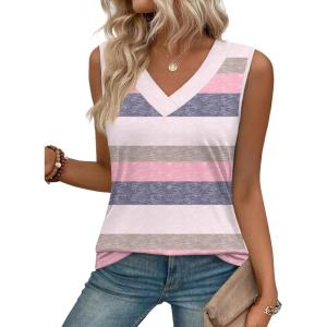 image:imageZeagoo Tank Top for Women V Neck Loose Fit Sleeveless Summer Tops Business Casual Outfits Dressy Blouses ShirtsStriped Pink