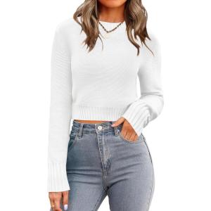 image:imageZeagoo Womens 2026 Fall Crewneck Cropped Sweater Trendy Long Sleeve Ribbed Knit Pullover Jumper TopsAwhite