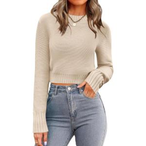 image:imageZeagoo Womens 2026 Fall Crewneck Cropped Sweater Trendy Long Sleeve Ribbed Knit Pullover Jumper TopsBeige