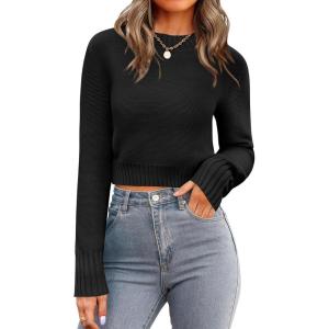 image:imageZeagoo Womens 2026 Fall Crewneck Cropped Sweater Trendy Long Sleeve Ribbed Knit Pullover Jumper TopsBlack
