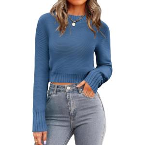 image:imageZeagoo Womens 2026 Fall Crewneck Cropped Sweater Trendy Long Sleeve Ribbed Knit Pullover Jumper TopsBlue