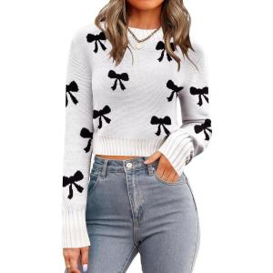 image:imageZeagoo Womens 2026 Fall Crewneck Cropped Sweater Trendy Long Sleeve Ribbed Knit Pullover Jumper TopsBowknot White