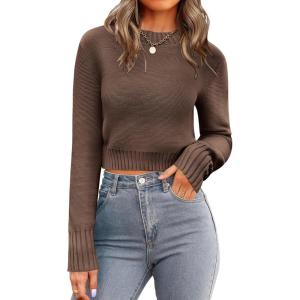 image:imageZeagoo Womens 2026 Fall Crewneck Cropped Sweater Trendy Long Sleeve Ribbed Knit Pullover Jumper TopsBrown