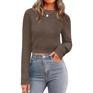 image:imageZeagoo Womens 2026 Fall Crewneck Cropped Sweater Trendy Long Sleeve Ribbed Knit Pullover Jumper TopsCoffee
