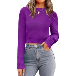 image:imageZeagoo Womens 2026 Fall Crewneck Cropped Sweater Trendy Long Sleeve Ribbed Knit Pullover Jumper TopsDark Purple