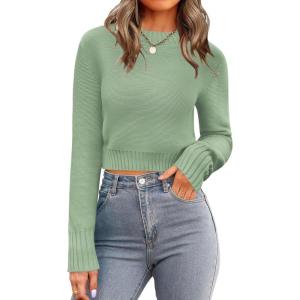 image:imageZeagoo Womens 2026 Fall Crewneck Cropped Sweater Trendy Long Sleeve Ribbed Knit Pullover Jumper TopsGreen