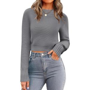 image:imageZeagoo Womens 2026 Fall Crewneck Cropped Sweater Trendy Long Sleeve Ribbed Knit Pullover Jumper TopsGrey