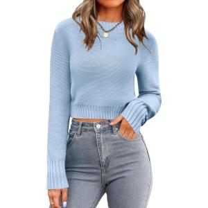 image:imageZeagoo Womens 2026 Fall Crewneck Cropped Sweater Trendy Long Sleeve Ribbed Knit Pullover Jumper TopsLight Blue