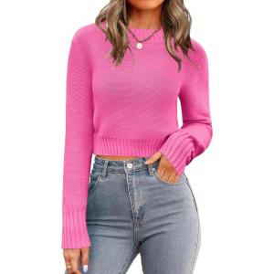 image:imageZeagoo Womens 2026 Fall Crewneck Cropped Sweater Trendy Long Sleeve Ribbed Knit Pullover Jumper TopsPink