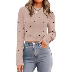 image:imageZeagoo Womens 2026 Fall Crewneck Cropped Sweater Trendy Long Sleeve Ribbed Knit Pullover Jumper TopsPolka Dot Khaki