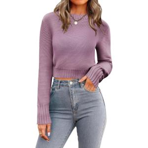 image:imageZeagoo Womens 2026 Fall Crewneck Cropped Sweater Trendy Long Sleeve Ribbed Knit Pullover Jumper TopsPurple
