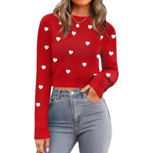 image:imageZeagoo Womens 2026 Fall Crewneck Cropped Sweater Trendy Long Sleeve Ribbed Knit Pullover Jumper TopsRed White Heart