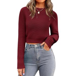 image:imageZeagoo Womens 2026 Fall Crewneck Cropped Sweater Trendy Long Sleeve Ribbed Knit Pullover Jumper TopsWine Red