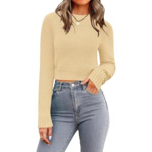 image:imageZeagoo Womens 2026 Fall Crewneck Cropped Sweater Trendy Long Sleeve Ribbed Knit Pullover Jumper TopsYellow