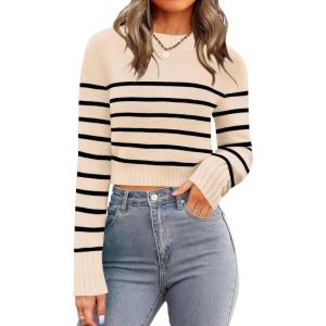 image:imageZeagoo Womens 2026 Fall Crewneck Cropped Sweater Trendy Long Sleeve Ribbed Knit Pullover Jumper TopsZapricot Black Stripe