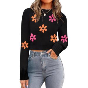 image:imageZeagoo Womens 2026 Fall Crewneck Cropped Sweater Trendy Long Sleeve Ribbed Knit Pullover Jumper TopsZblackflower