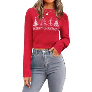 image:imageZeagoo Womens 2026 Fall Crewneck Cropped Sweater Trendy Long Sleeve Ribbed Knit Pullover Jumper TopsZchristmas Print