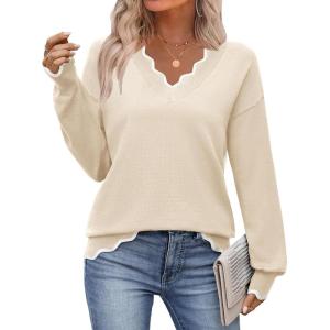 image:imageZeagoo Womens 2026 Fall V Neck Sweater Casual Long Sleeve Lightweight Ribbed Knit Pullover Sweaters Dressy Casual TopsApricot