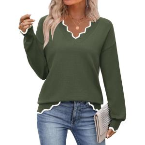 image:imageZeagoo Womens 2026 Fall V Neck Sweater Casual Long Sleeve Lightweight Ribbed Knit Pullover Sweaters Dressy Casual TopsArmy Green