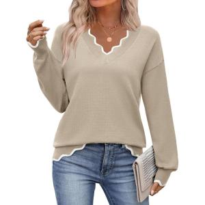 image:imageZeagoo Womens 2026 Fall V Neck Sweater Casual Long Sleeve Lightweight Ribbed Knit Pullover Sweaters Dressy Casual TopsBeige