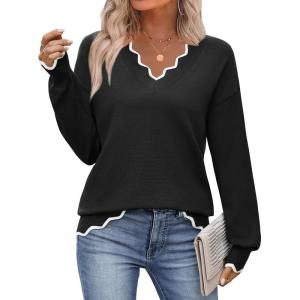 image:imageZeagoo Womens 2026 Fall V Neck Sweater Casual Long Sleeve Lightweight Ribbed Knit Pullover Sweaters Dressy Casual TopsBlack