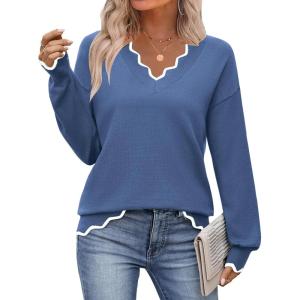 image:imageZeagoo Womens 2026 Fall V Neck Sweater Casual Long Sleeve Lightweight Ribbed Knit Pullover Sweaters Dressy Casual TopsBlue