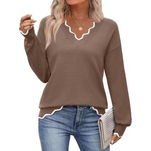 image:imageZeagoo Womens 2026 Fall V Neck Sweater Casual Long Sleeve Lightweight Ribbed Knit Pullover Sweaters Dressy Casual TopsBrown