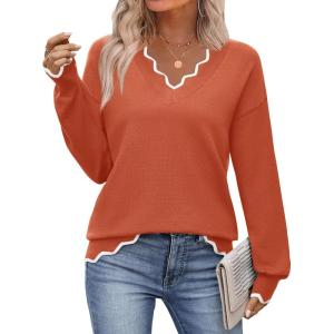 image:imageZeagoo Womens 2026 Fall V Neck Sweater Casual Long Sleeve Lightweight Ribbed Knit Pullover Sweaters Dressy Casual TopsCaramel