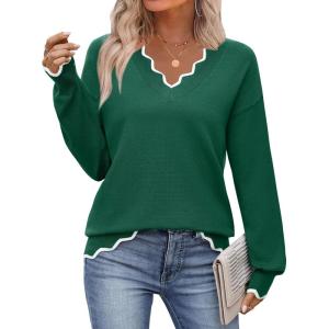 image:imageZeagoo Womens 2026 Fall V Neck Sweater Casual Long Sleeve Lightweight Ribbed Knit Pullover Sweaters Dressy Casual TopsDark Green